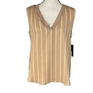 Worthington Small Emile Top Striped Sleeveless Lightweight V-Neck Semi-Sheer Tan